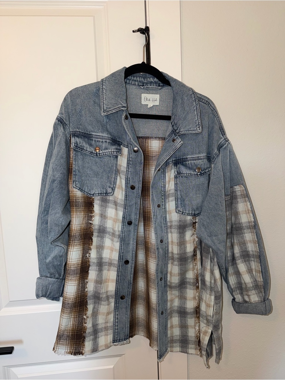 Oli & Hali Light Blue Denim & Brown Plaid Shacket